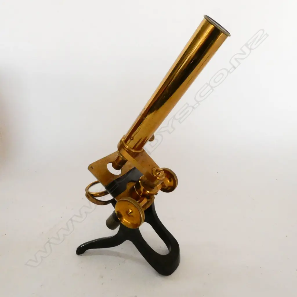 COMPACT MAHOG CASED LACQUERED BRASS COMPOUND MONOCULAR MICROSCOPE, w BULLSEYE ON STAND, ONE REPLACEMENT OBJECTIVE Image 1++